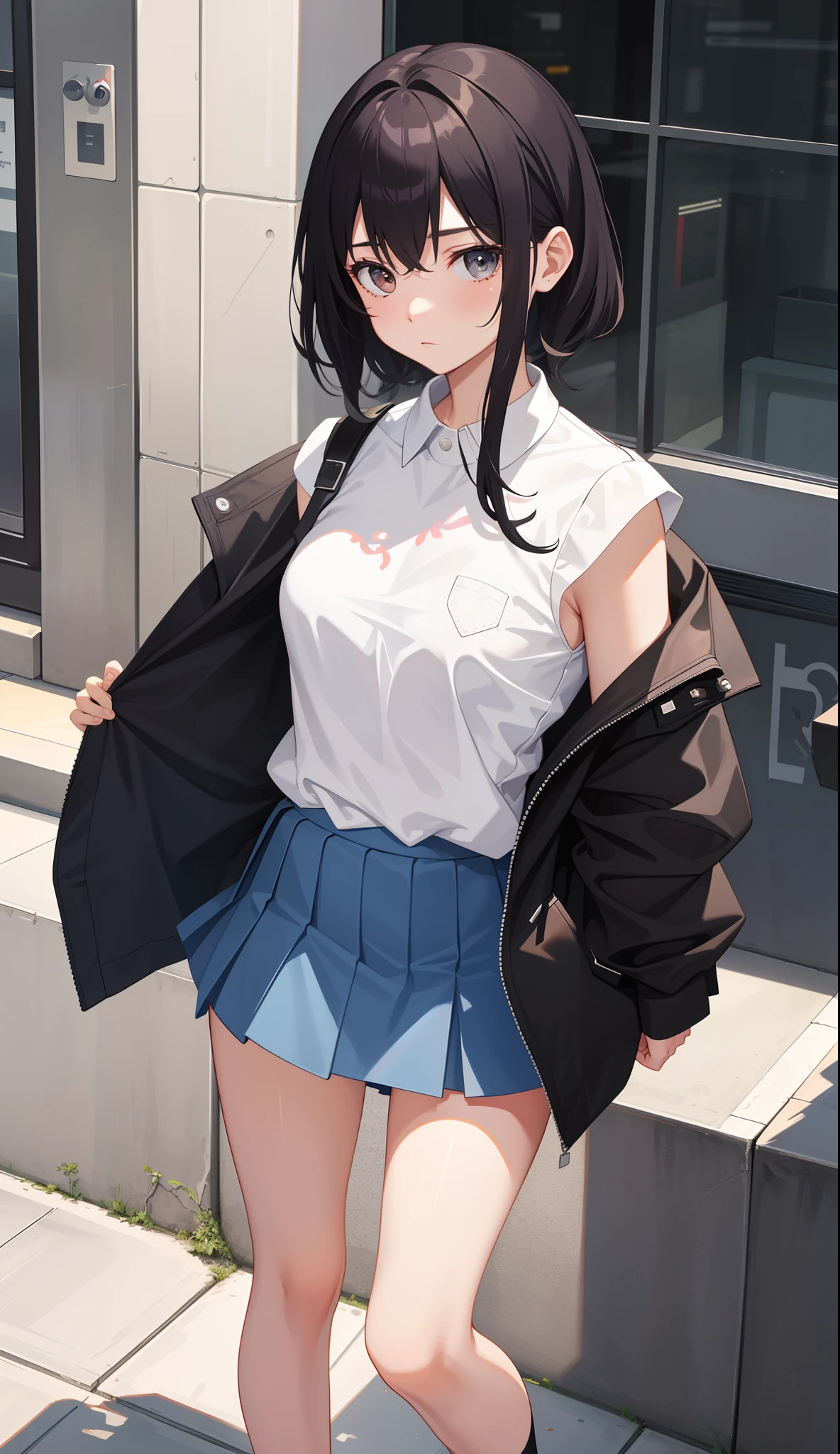 (masterpiece, best quality:1.2), 1 girl, alone , sexy , (school uniform), (cowboy shot) , black hair , (Sweat), rainy