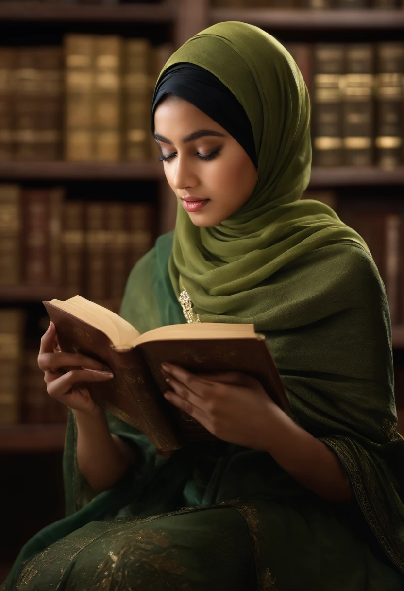 Produce an exceptionally detailed and lifelike scene portraying a young Malay girl, elegantly adorned in a hijab, immersed in a library. Her expression should reflect sheer surprise as magical fairies burst forth from the book she's reading. Strive for impeccable photorealism and an 8K resolution with a dynamic depth of field.