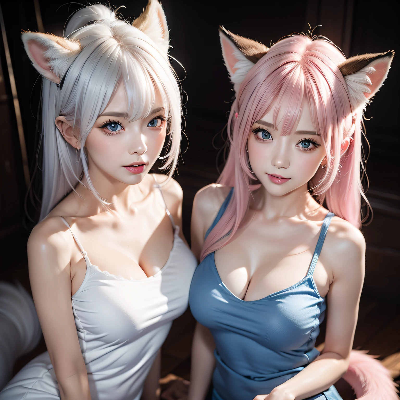 ((((have a tail))))、tail of the same color as the hair,、Two Miss Fox Demons，Fox Devil Fox Years White Hair Girl，Sexy and feminine，Fluffy fox ears，fox tails，No ears，reddish tones，The beauty of fox ears alone，Cover chest，Clan girls，Fox's eye，Enchanted，Charming，16 K， best qualtiy， tmasterpiece，  Raised sexy， Highly detailed face and eyes， professional make up， ，， glow blue eyes，Pink-haired girl with fox ears、Camera angle from above、Looking here、