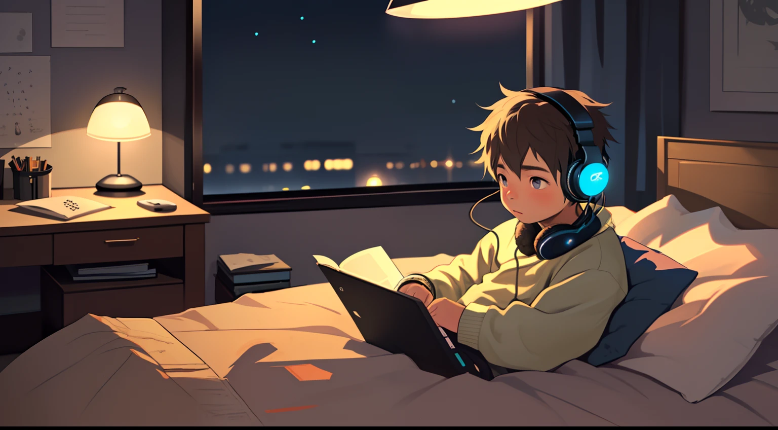 A sits at his desk studying,Listen to music with headphones on,Relaxing and comfortable atmosphere in a night bedroom setting