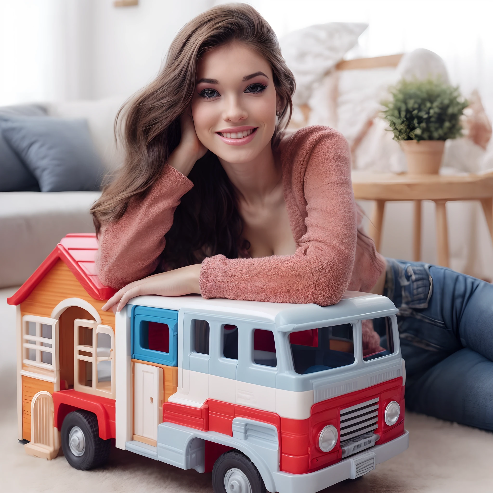 arafed woman laying on the floor with a toy bus, toy commercial photo, photo of a model, playing with a small firetruck, toy photo, beautiful model, beautiful image, laica chrose, very pretty model, unique design, canvas, monika, mini model, mixed art, the woman holds more toys, highly detailed toy, cute woman,((Best quality)), ((Masterpiece)), ((Realistic))，axial symmetry