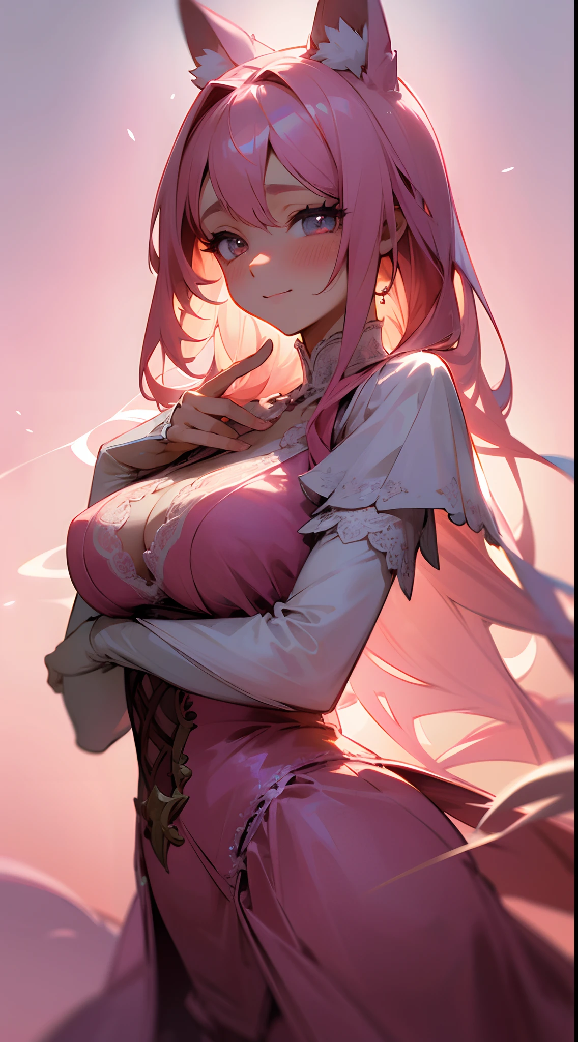 (best quality,4k,8k,highres,masterpiece:1.2),ultra-detailed,realistic,anime girl,anime dog,girl in lace lingerie,long pink hair,tail and ears,beautiful and expressive eyes,pink blush on cheeks,colorful and vibrant background,soft and delicate lighting,portrait style,anime art style,floral lace details,playful and seductive pose,sparkling eyes,innocent smile,subtle shadows,high contrast,graceful and elegant,fantasy theme,warm and pastel color palette,vibrant and glowing colors,ethereal atmosphere,subtle and soft focus,bright and focused eyes,cute expression,romantic and dreamy ambiance,exquisite details on lingerie and lace,artistic presentation,highly detailed lace patterns in clothing,magical and whimsical,flowing hair and clothing,romantic setting with flowers and moonlight,expressive body language,sparkling highlights,seamless integration between character and background.