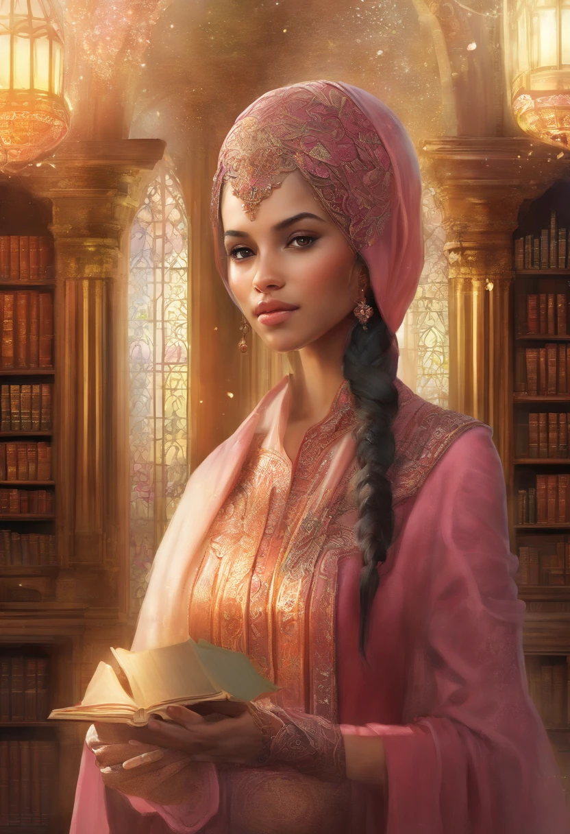 Produce an exceptionally detailed and lifelike scene portraying a young Malay girl, elegantly adorned in a hijab, immersed in a library. Her expression should reflect sheer surprise as magical fairies burst forth from the book she's reading. Strive for impeccable photorealism and an 8K resolution with a dynamic depth of field.