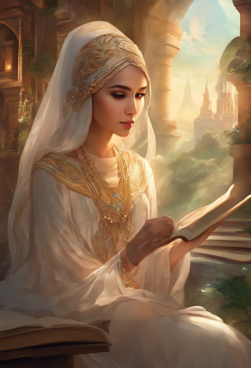 Produce an exceptionally detailed and lifelike scene portraying a young Malay girl, elegantly adorned in a hijab, immersed in a library. Her expression should reflect sheer surprise as magical fairies burst forth from the book she's reading. Strive for impeccable photorealism and an 8K resolution with a dynamic depth of field.