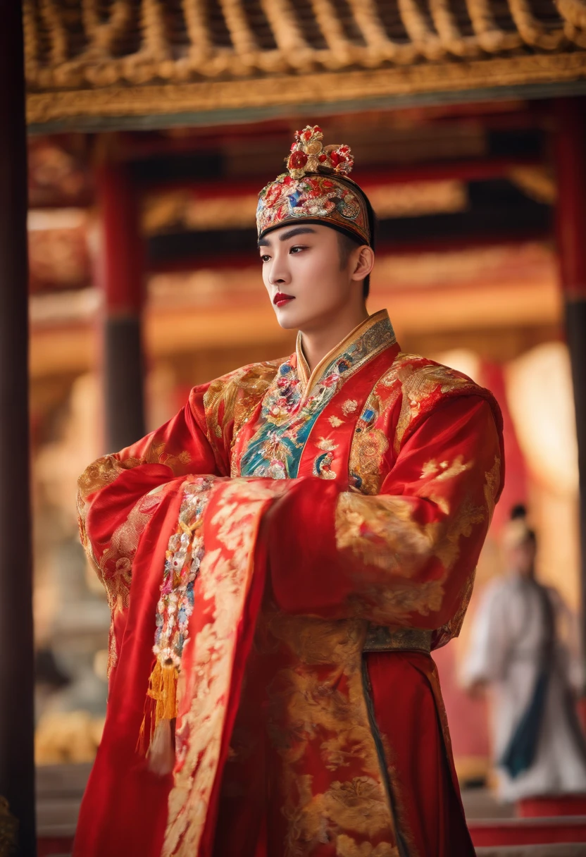 (highres,realistic:1.2)A young man, Peking Opera actor, handsome and charismatic, with striking facial features and expressive eyes. He wears traditional vibrant costumes with intricate embroidery and elaborate headpieces. His face is adorned with bold and detailed makeup, emphasizing his role in the performance. The stage is beautifully lit, casting dramatic shadows and illuminating his expressive gestures. The background showcases an ornate traditional theater with richly decorated pillars and vibrant stage props. The atmosphere is filled with anticipation and excitement as the young man mesmerizes the audience with his powerful vocals and graceful movements. The scene captures the essence of the Peking Opera, blending tradition, artistry, and storytelling into a captivating masterpiece.