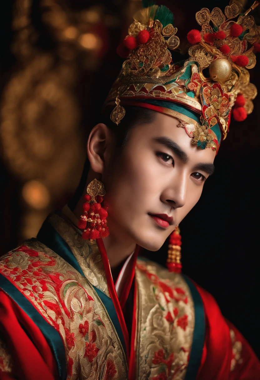 (highres,realistic:1.2)A young man, Peking Opera actor, handsome and charismatic, with striking facial features and expressive eyes. He wears traditional vibrant costumes with intricate embroidery and elaborate headpieces. His face is adorned with bold and detailed makeup, emphasizing his role in the performance. The stage is beautifully lit, casting dramatic shadows and illuminating his expressive gestures. The background showcases an ornate traditional theater with richly decorated pillars and vibrant stage props. The atmosphere is filled with anticipation and excitement as the young man mesmerizes the audience with his powerful vocals and graceful movements. The scene captures the essence of the Peking Opera, blending tradition, artistry, and storytelling into a captivating masterpiece.