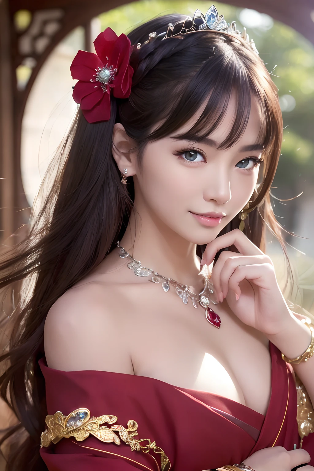 (top-quality:1.1)、(Photorealsitic:1.1)、(a picture:1.1)、(ighly detailed:1.1)、viewer、armlet、Jade Bracelet、eye lashes、happy、medium chest、a beautiful detailed girl、(extremely detailed eye and face)、(lighting on the face)、A bracelet、[Away from the shoulders]、(独奏:1.2)、red kimono、background is kyoto、seethru、nsfw