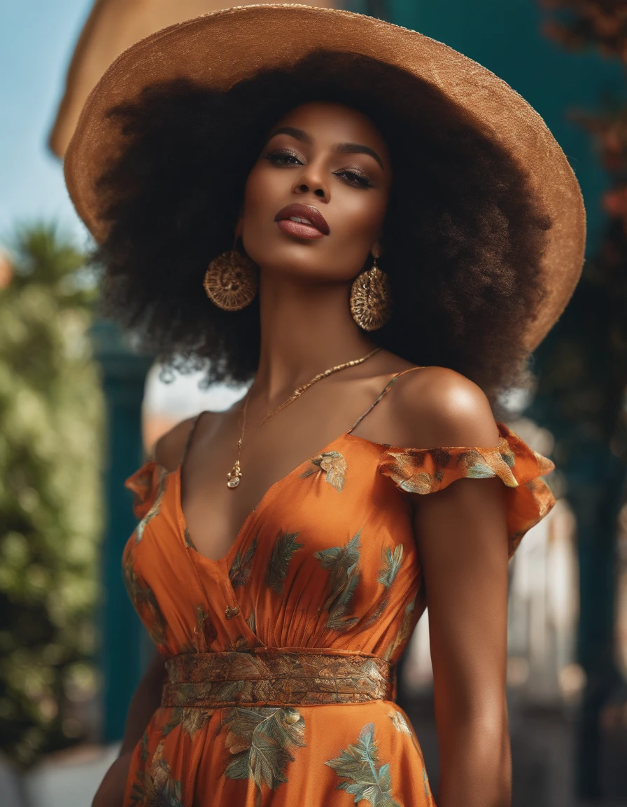 best quality,(beautiful detailed face,beautiful detailed eyes,beautiful detailed lips),black woman,portrait,realistic,photography,vivid colors,lush foliage,natural light,summer breeze,Afro hairstyle,feminine dress,confident gaze,graceful posture,subtle makeup,joyful expression,city background,intricate jewelry,stylish sunglasses