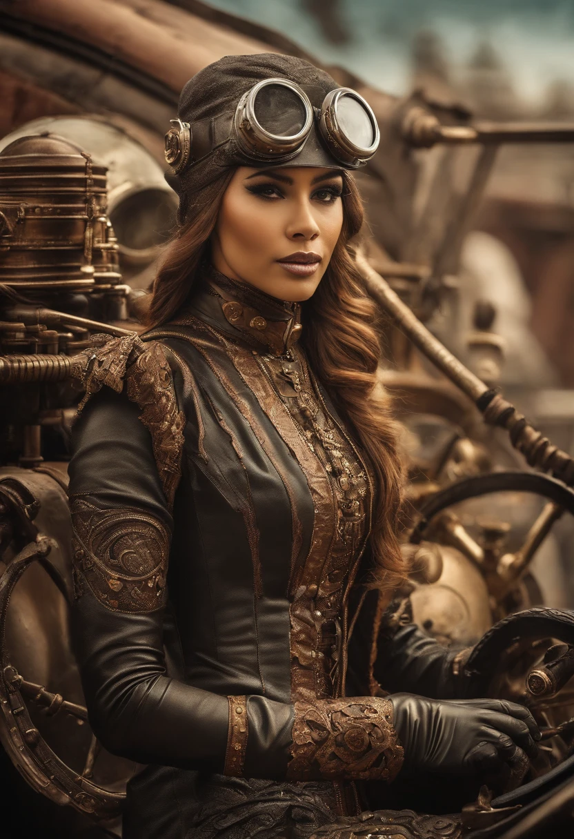 Produce a visually striking 8K AI-generated image of a Malay hijab girl drag racer in his 20s within a steampunk-inspired world. Use photorealism to bring out the racer's personality and determination, while also infusing the image with the intricate and imaginative details of a steampunk setting. Apply depth of field to create a captivating composition that immerses the viewer in the racer's world.