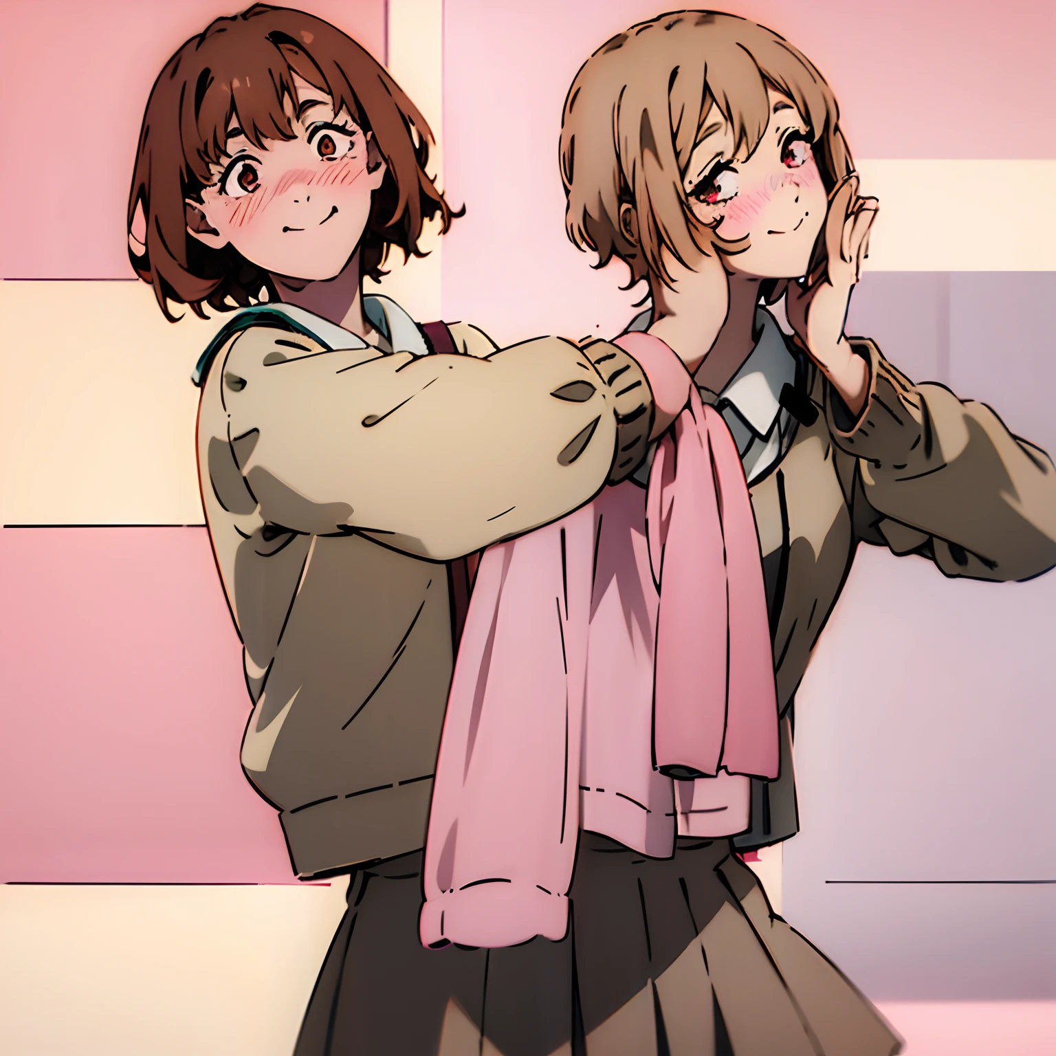 Short brown hair, messy hair, cute outfit, brown cardigan, long sleeves covering hands, button up white undershirt, grayish pink skirt, smile, cute, non-binary, kawaii, light pink eyes, eyelashes, blush, smile