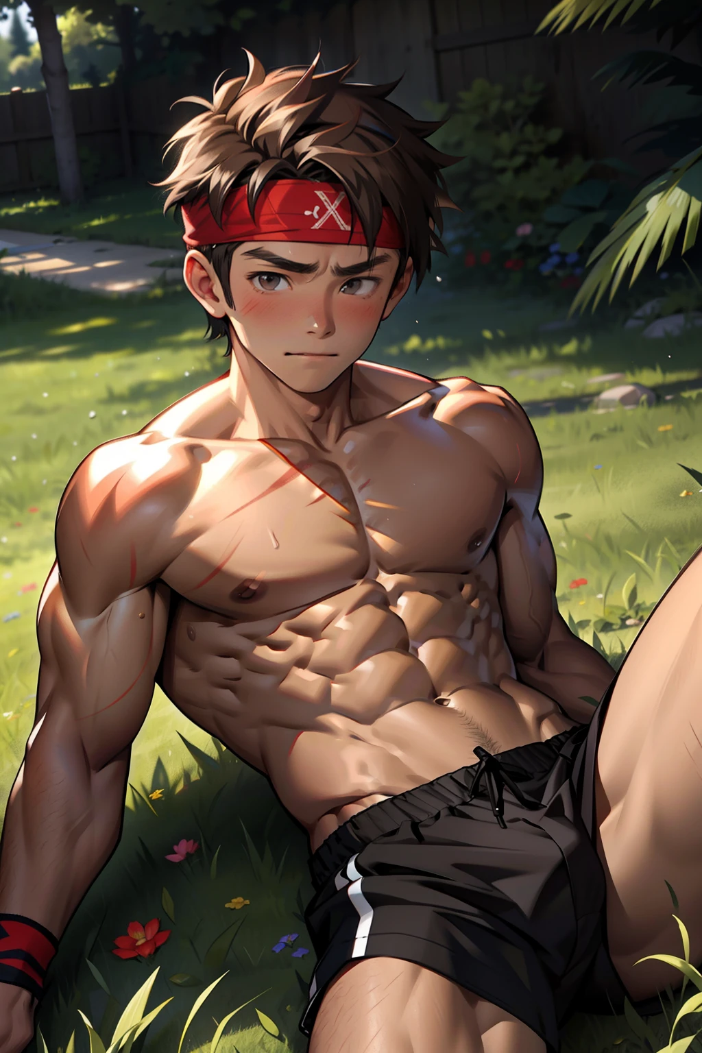 (Masterpiece, Best quality boy,Shota), 1boys, (((Young,Shota))),Muscular, Short hair, with brown eye, Intricate, Grass, full bodyesbian, Shirtless, Muscles sparkle in the sun,Naked boy,((toddlers)),ack underwear, Red headband, Vivid colors,(Depth of field:1.2),(Abs),Blush, view the viewer, lying on the grass ground,Being sexually assaulted