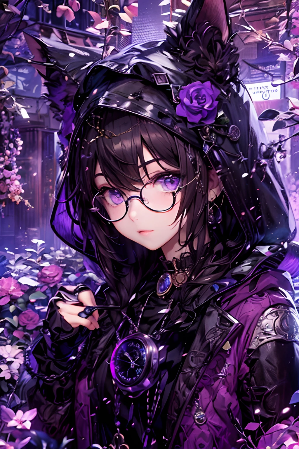 Golden pocket watch、Purple eyes、Cat's ears、Black hood、Glasses with underrim、8K 、hight resolution、Luxury