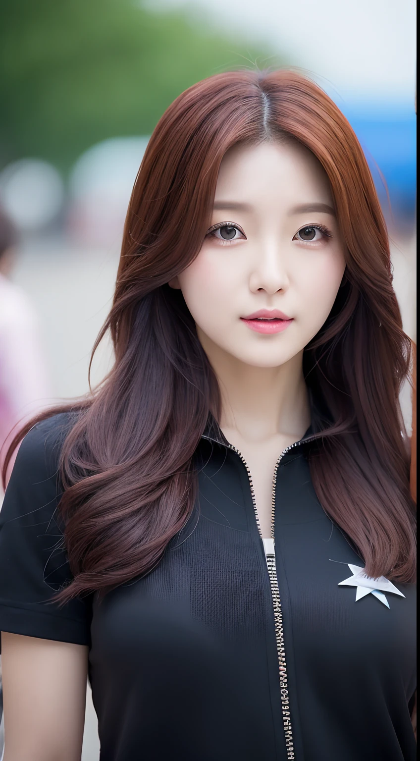 Realistic photos of (1 cute Korean star) hair over one eye, thin makeup, 32 inch breasts size, wearing zipper shirt, walking at amusement park, close-up portrait, UHD