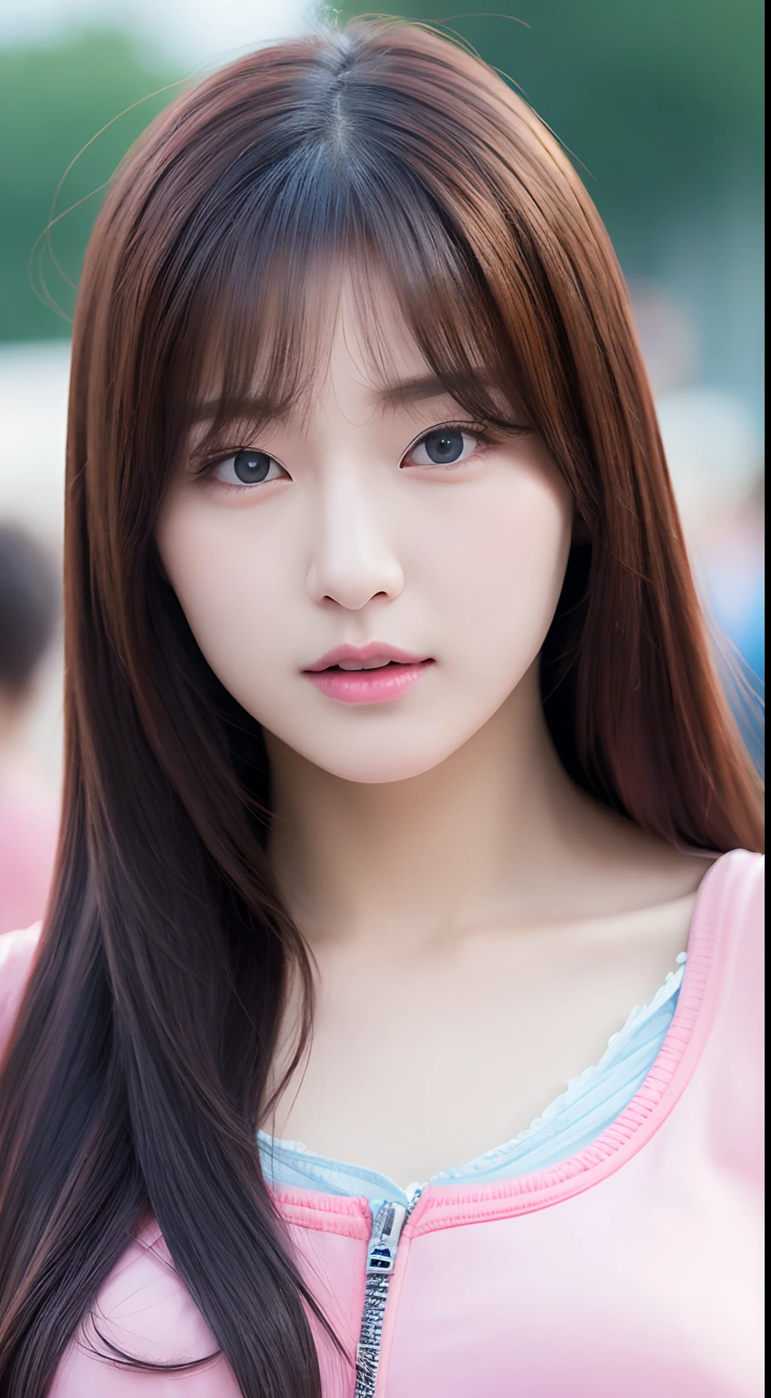 Realistic photos of (1 cute Korean star) hair over one eye, thin makeup, 32 inch breasts size, wearing zipper shirt, walking at amusement park, close-up portrait, UHD