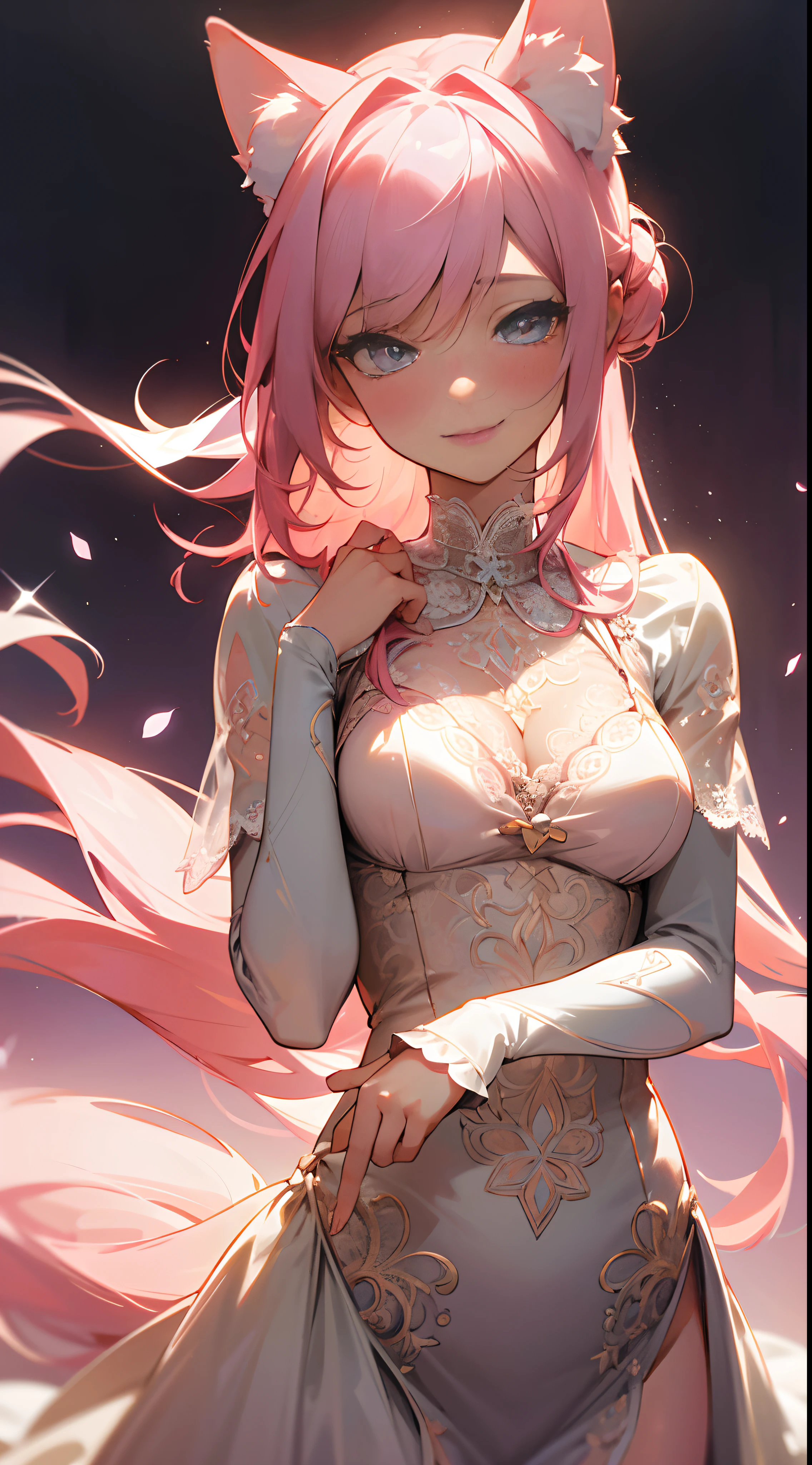 (best quality,4k,8k,highres,masterpiece:1.2),ultra-detailed,realistic,anime girl,anime dog,girl in lace lingerie,long pink hair,tail and ears,beautiful and expressive eyes,pink blush on cheeks,colorful and vibrant background,soft and delicate lighting,portrait style,anime art style,floral lace details,playful and seductive pose,sparkling eyes,innocent smile,subtle shadows,high contrast,graceful and elegant,fantasy theme,warm and pastel color palette,vibrant and glowing colors,ethereal atmosphere,subtle and soft focus,bright and focused eyes,cute expression,romantic and dreamy ambiance,exquisite details on lingerie and lace,artistic presentation,highly detailed lace patterns in clothing,magical and whimsical,flowing hair and clothing,romantic setting with flowers and moonlight,expressive body language,sparkling highlights,seamless integration between character and background.