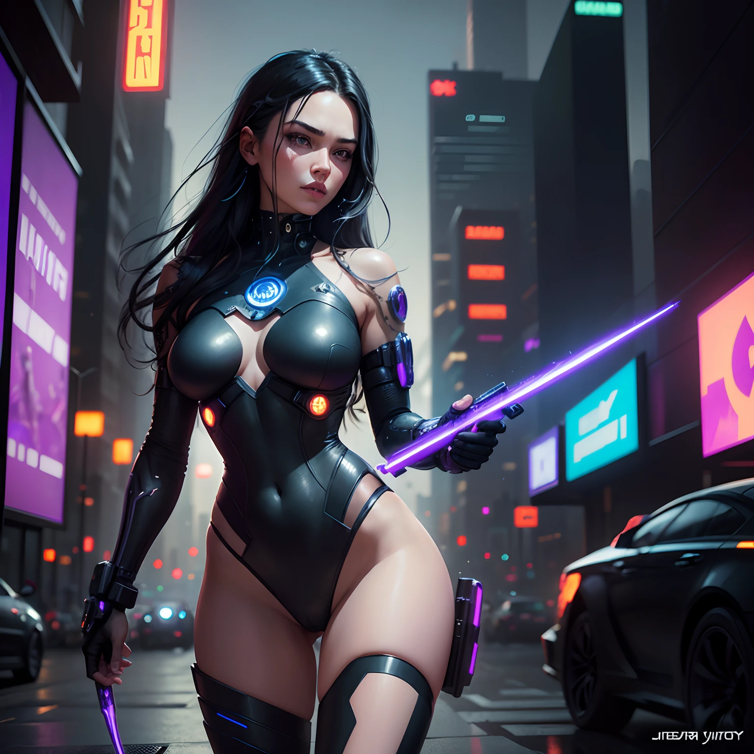 Beautiful Woman, Anti Hero wears black and purple uniforms., Laser katana in hand, White skin, Long black hair, portrait, Jeff Bridges, ((cartoon style)), Marvel Cinematic Universe Style, (((Cyberpunk City is behind it.))), Smooth bokeh of the city of the future, Atey Ghailan, Jeremy Mann, Greg Manchess, Antonio Moro, trending in artstation, Trends in CGSociety, intricate, high-detail,  crisp focus, Amazing and realistic drawing art by Midjourney and Greg Rutkowski, Bokeh in the background