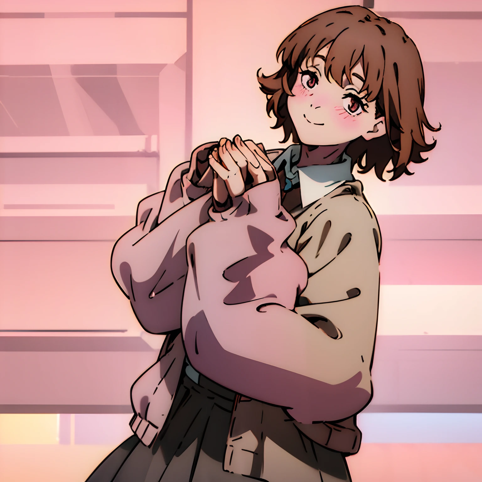 Short brown hair, messy hair, cute outfit, brown cardigan, long sleeves covering hands, button up white undershirt, grayish pink skirt, smile, cute, non-binary, kawaii, light pink eyes, eyelashes, blush, smile