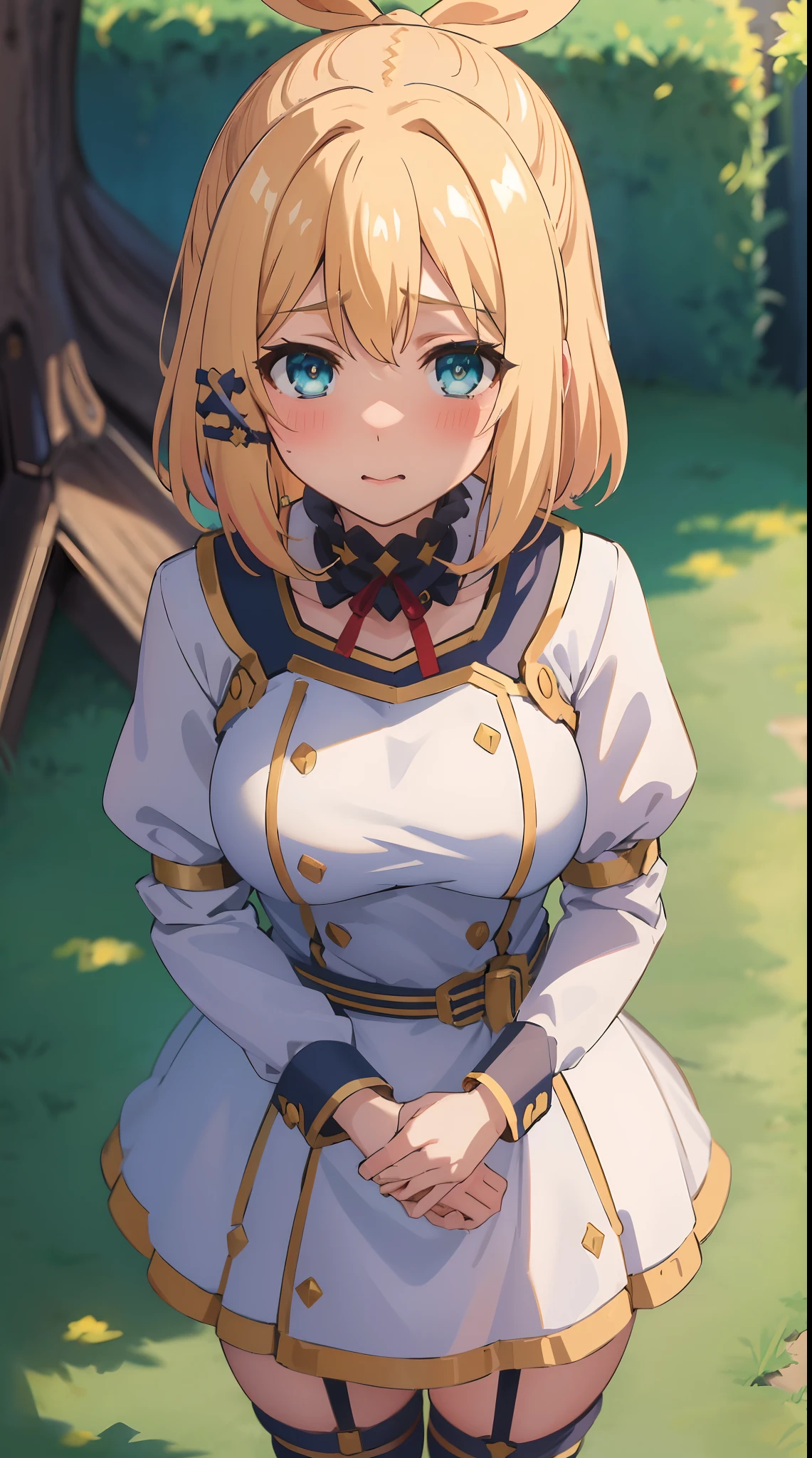 best quality, (masterpiece:1.2), detailed, medieval,
Rumia Tingel,
1girl, solo, blush,
medium hair, blonde hair, short ponytail, blue eyes, green bow, x hair ornament,
standing, looking at the viewer, close up, ultra-detailed eyes, ((cum on face, cum on breasts, submission, enslaved, fucked))