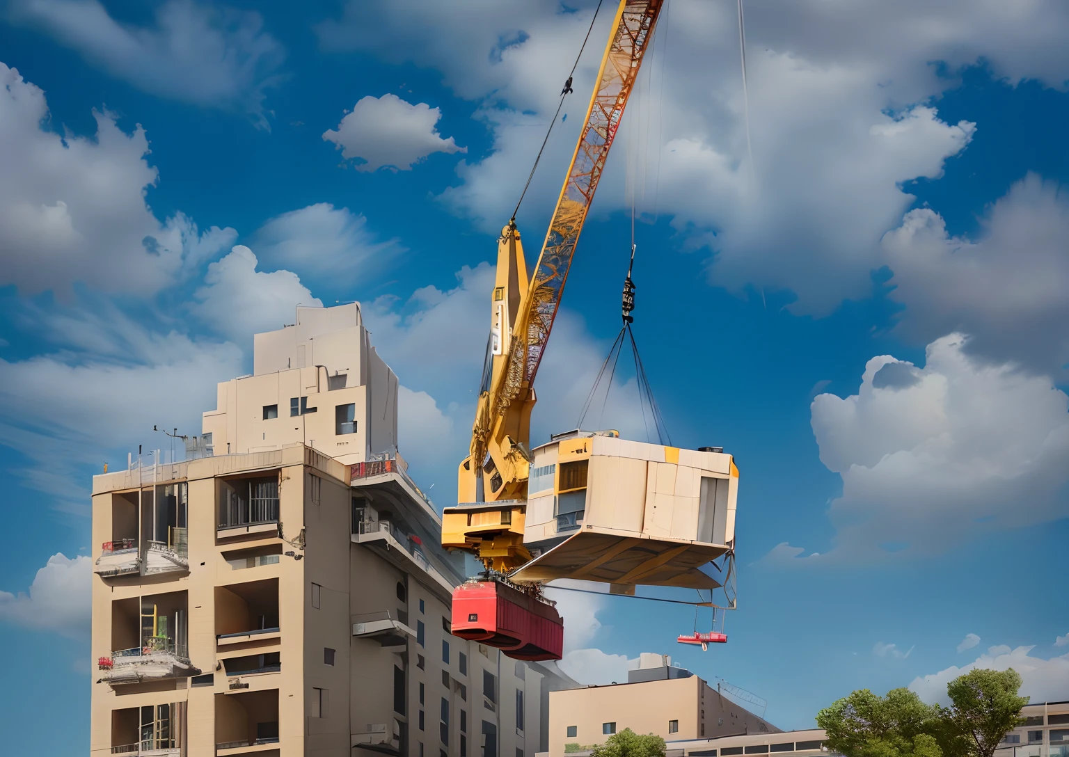 (best quality:1.2), lifting a building into the air using a crane, construction, a photo taken in 2018, a large crane, a photo taken in 2022, (high resolution, 8K), (detailed, high-resolution), 34531, upload, tablet, screenshot, a crane, construction site, elevators between buildings, (detailed, realistic), (vivid colors), (studio lighting)