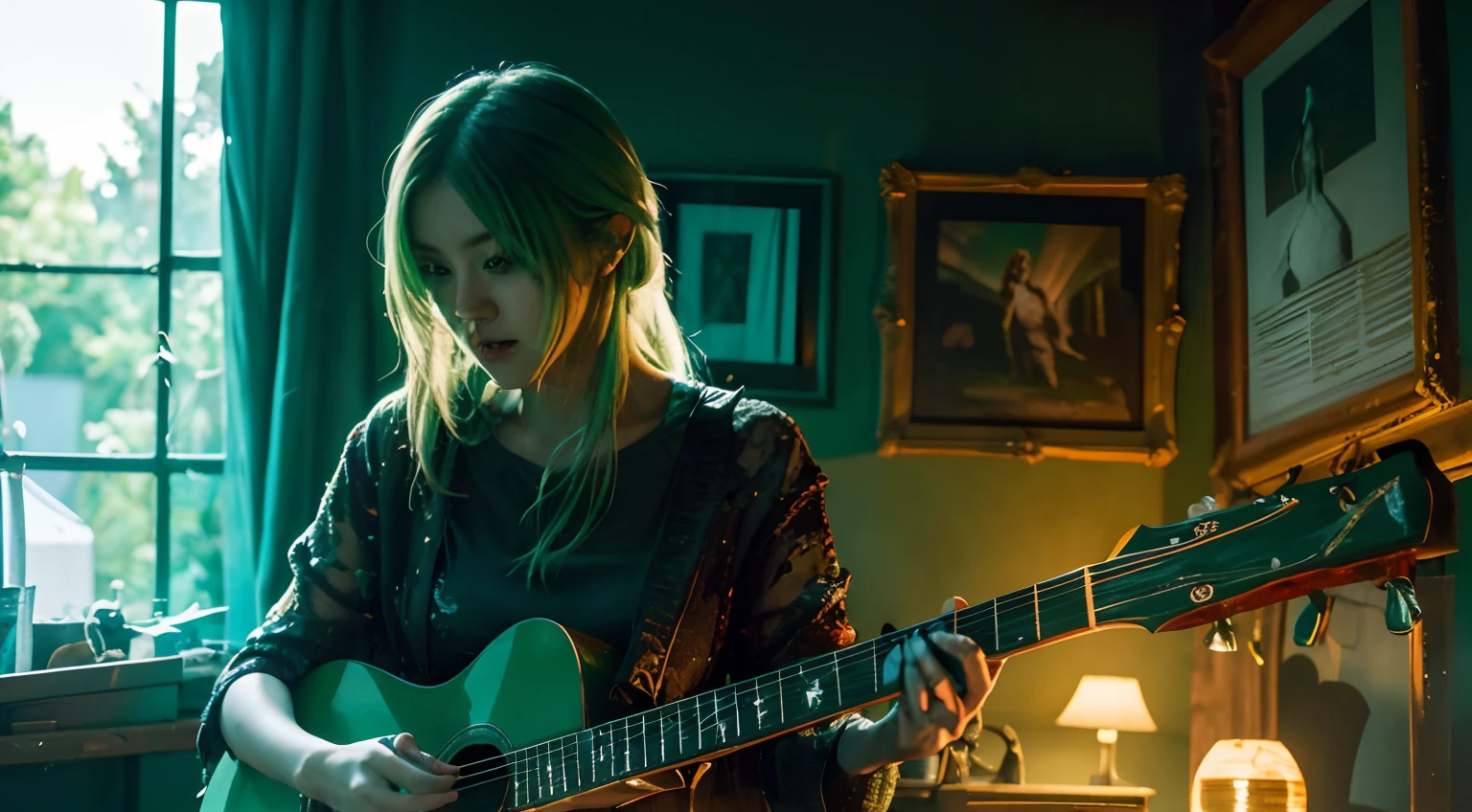 A girl with green hair playing a guitar, wearing a green dress, surrounded by green fire in the background. (best quality,4k,8k,highres,masterpiece:1.2), ultra-detailed, (realistic,photorealistic,photo-realistic:1.37), HDR, UHD, studio lighting, ultra-fine painting, sharp focus, physically-based rendering, extreme detail description, professional, vivid colors, bokeh, portraits, landscape, horror, anime, sci-fi, photography, concept artists, vibrant green color palette, dramatic lighting effects.