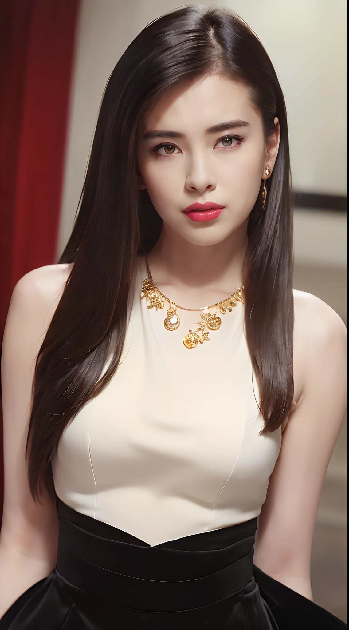 ((HDR,1080P,16K,High resolution,realistic skin texture,realistic:1.5)),Wang Zuxian,Joey Wong,ear pendants,necklace,lipstick,light smile,elegant,delicate face,perfect face,black hair,(looking at viewer), facing the viewer,long hair,white sweater,close-up face,portrait,in the cafe