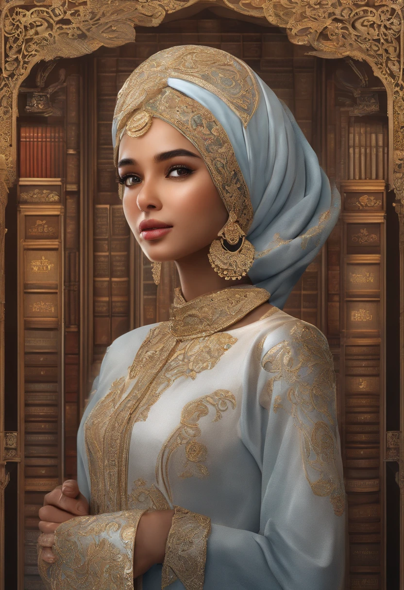 Produce an exceptionally detailed and lifelike scene portraying a young Malay girl, elegantly adorned in a hijab, immersed in a library. Her expression should reflect sheer surprise as magical fairies burst forth from the book she's reading. Strive for impeccable photorealism and an 8K resolution with a dynamic depth of field.