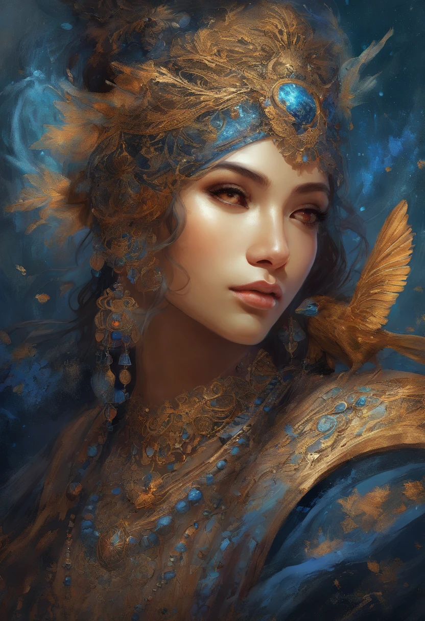 a malay woman is covered with tiny people with various acting in black, in the style of detailed atmospheric portraits, indigo and bronze, made of all of the above, social media portraiture, intricately textured, fragmented, emotive expressions,