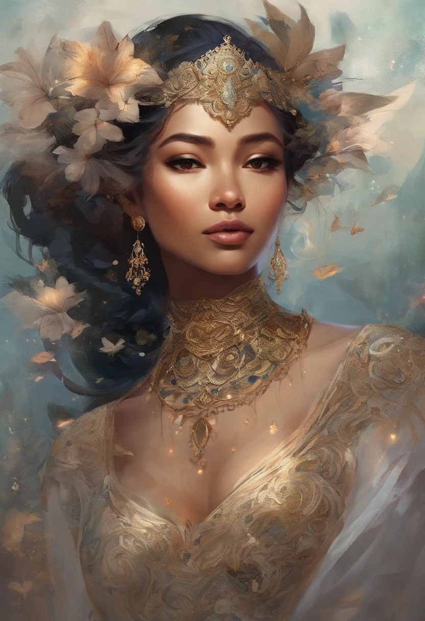 a malay woman is covered with tiny people with various acting in black, in the style of detailed atmospheric portraits, indigo and bronze, made of all of the above, social media portraiture, intricately textured, fragmented, emotive expressions,