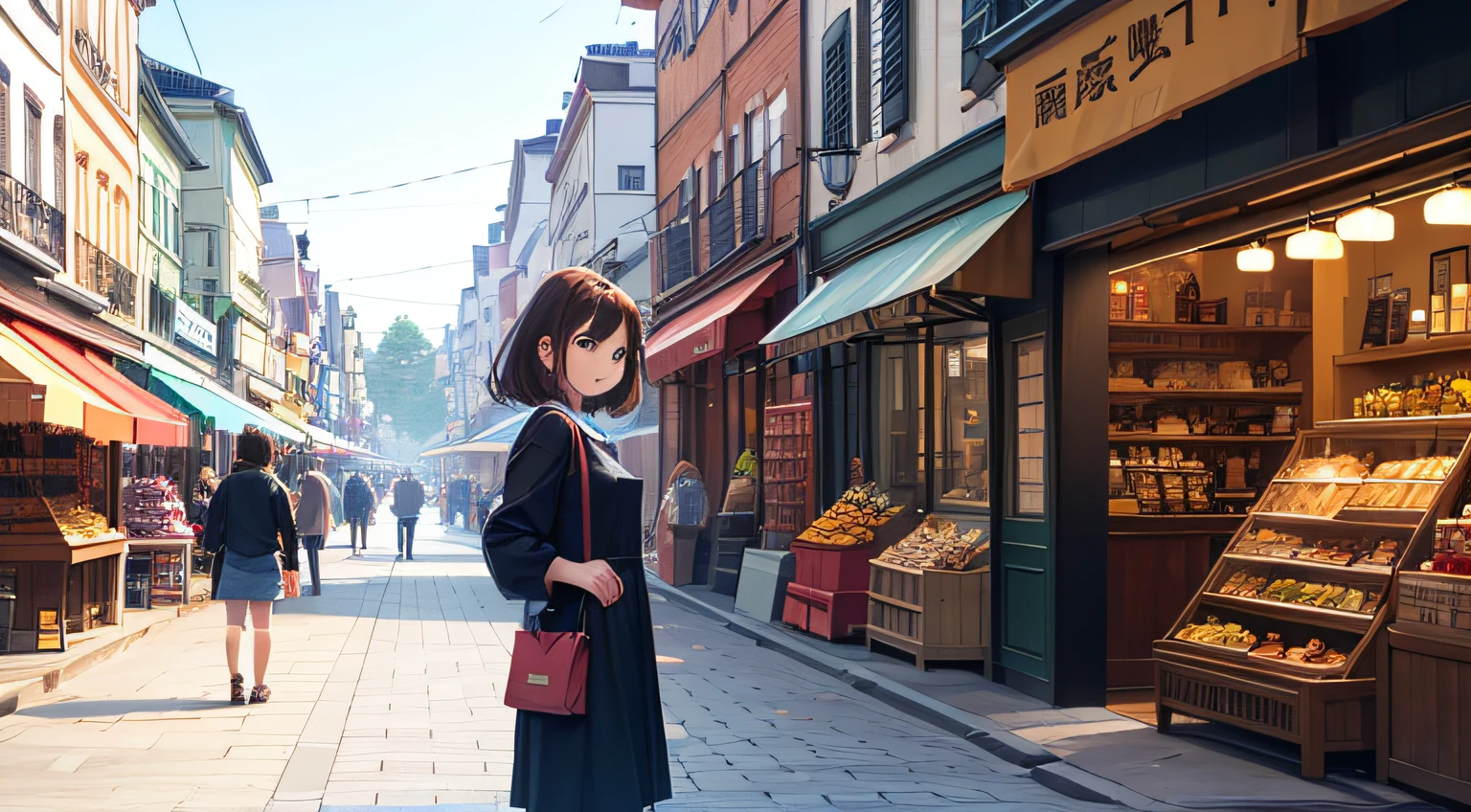 Short girl with brown hair、hightquality、shopping street、Shopping、is standing