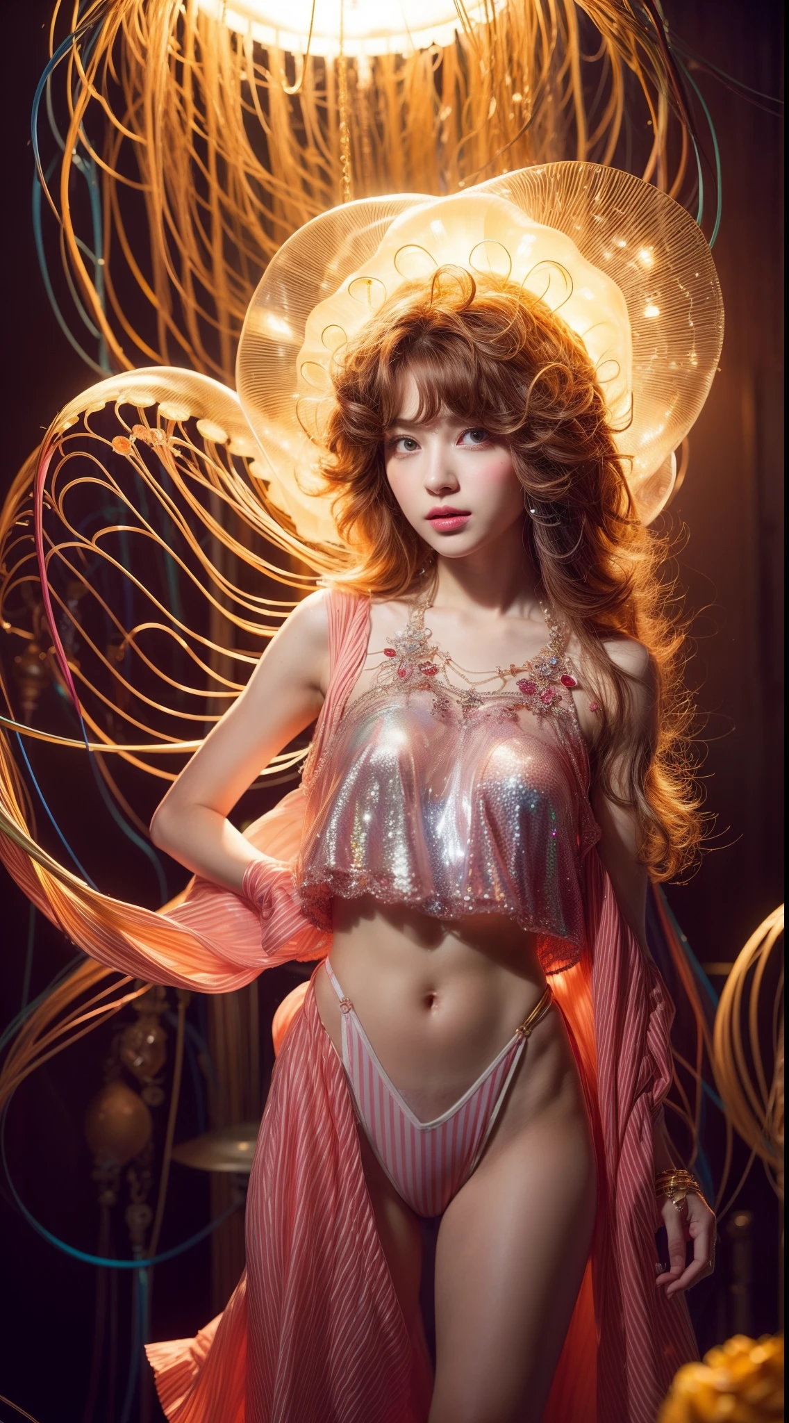 Jellyfish fashion, vibrant Jellyfish scene, Jellyfish style, nostalgic ambiance, energetic Jellyfish floor:0.2 image of a Jellyfish girl, immersed in the vibrant atmosphere of a fantasy case. His attire reflects the fashion trends of the era, soft patterns. The fantasy scene is alive, a fantasy floor, and fantasy around to the rhythm of the bate. The ambiance transports viewers back to the vibrant and energetic, capturing the spirit of fun, freedom, and self-expression that defined the Jellyfish culture, blonde curly hair, midshot, centered image, ultra detail, extremely face detail, extremely eye detail, a girl pale skin, small breasts, jellyfish outfit