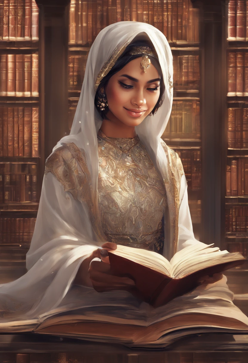 Produce an exceptionally detailed and lifelike scene portraying a young Malay girl, elegantly adorned in a hijab, immersed in a library. Her expression should reflect sheer surprise as magical fairies burst forth from the book she's reading. Strive for impeccable photorealism and an 8K resolution with a dynamic depth of field