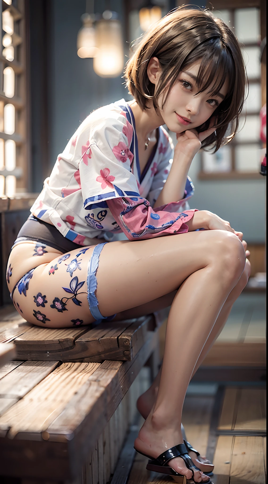 ((Japanese pattern underwear)), ((panties focus)), Japanese-style izakaya, Smiling smile, (NSFW), 1womanl, 独奏, 24 year old, 7headed body, (Ideal ratio body proportions), (Composition from head to thigh), erectile nipple, Sexy body, Wet, short-hair, Dark hair, small tits, A slender, Small buttocks, beauty legs, Skinny Legs, surrealism, Cinematic lighting, depth of fields, One-person viewpoint, F/1.8, 135 mm, nffsw, masutepiece, ccurate, ((Anatomically correct)), Textured skin, Super Detail, high details, High quality, awardwinning, Best Quality, hight resolution, 8K