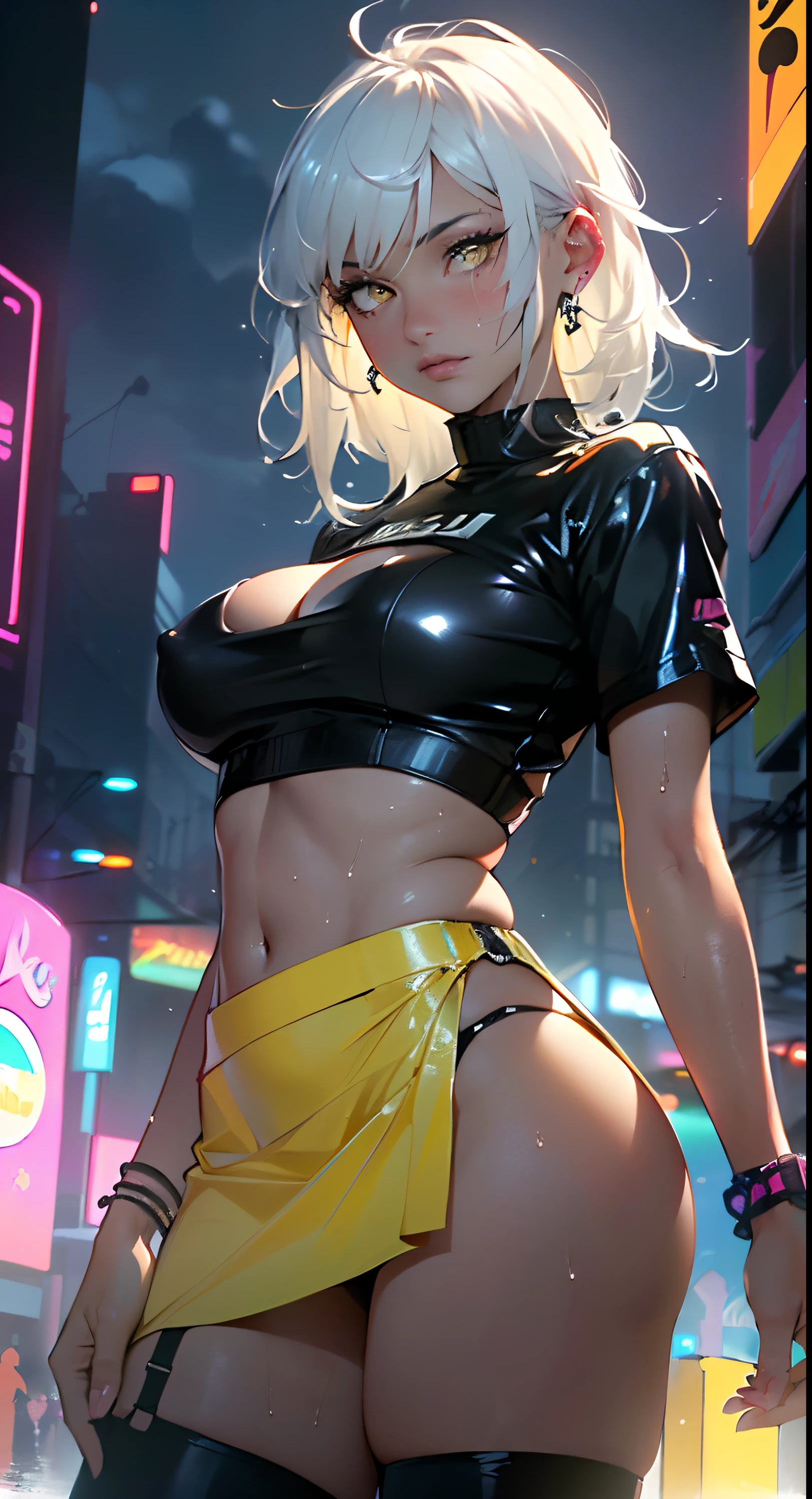 dark skin,very dark skin,dark_skin,
girl rave,(((1girl))),((girl with extremely cute and beautiful white hair)),

(large breasts:1.4),saggy breasts,(((white hair:1.35,straight hair,long hair:1.4,colored inner hair,ear breathing))),(((very light yellow eyes:1.3))),intricate eyes,beautiful detailed eyes,symmetrical eyes,((fat)),((((black girl,black skin,dark-skinned_female,dark skin:1.3,ebony skin,lustrous skin:1.5,bright skin: 1.5,shiny skin,very shiny skin,shiny body,plastic glitter skin,exaggerated shiny skin,shiny skin like ebony,illuminated skin, wet legs))),(spider lower abdomen,narrow waist,wide hip,athletic body,inflated legs,delicate detailed fingers,detailed body,human hands,(detailed face)),

cute,slutty,seductive,erotic,(((nsfw))),

zettai ryouiki,revealing clothing,show skin,((rave shirt with an yellow print,rave mini-skirt,visible thong straps)),(wearing a rave outfit:1.3,rave clothes,semi-naked,with little clothing),((wet clothes,intricate outfit,intricate clothes)),


(dynamic pose:1.0),solo focus,embarrassed,(centered,scale to fit dimensions,Rule of thirds),

cyberpunk city by the ocean at night, with bright neon signs and dark stormy clouds and puddles, scenery:1.25,

highres, sharp focus, (ultra detailed, extremely detailed), (photorealistic artwork:1.37),(extremely detailed CG unity 8k wallpaper),((synthwave background theme)),(((vibrant colors))),(intricate background),(masterpiece),(best quality),