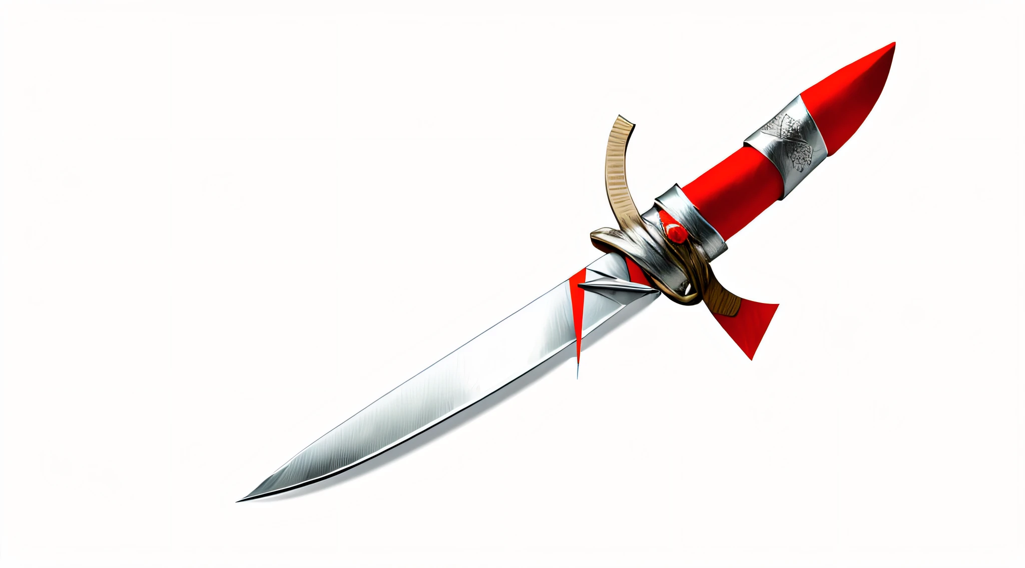Japan Spear, The tip is a large blade that shines silver., The rod of the holding part is long and reddish color.