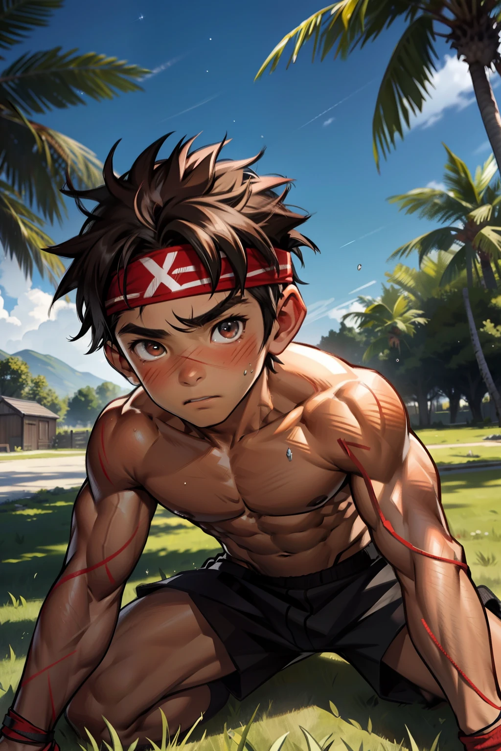 (Masterpiece, Best quality  boy，Shota), 1boys, (((Young,Shota))),Muscular, Short hair, with brown eye, Intricate, Grass, full bodyesbian, Shirtless, Muscles sparkle in the sun,Naked boy,((toddlers))，ack underwear,  Red headband, Vivid colors,(Depth of field:1.2),(Abs),Blush, view the viewer, lying on the grass ground，Being sexually assaulted