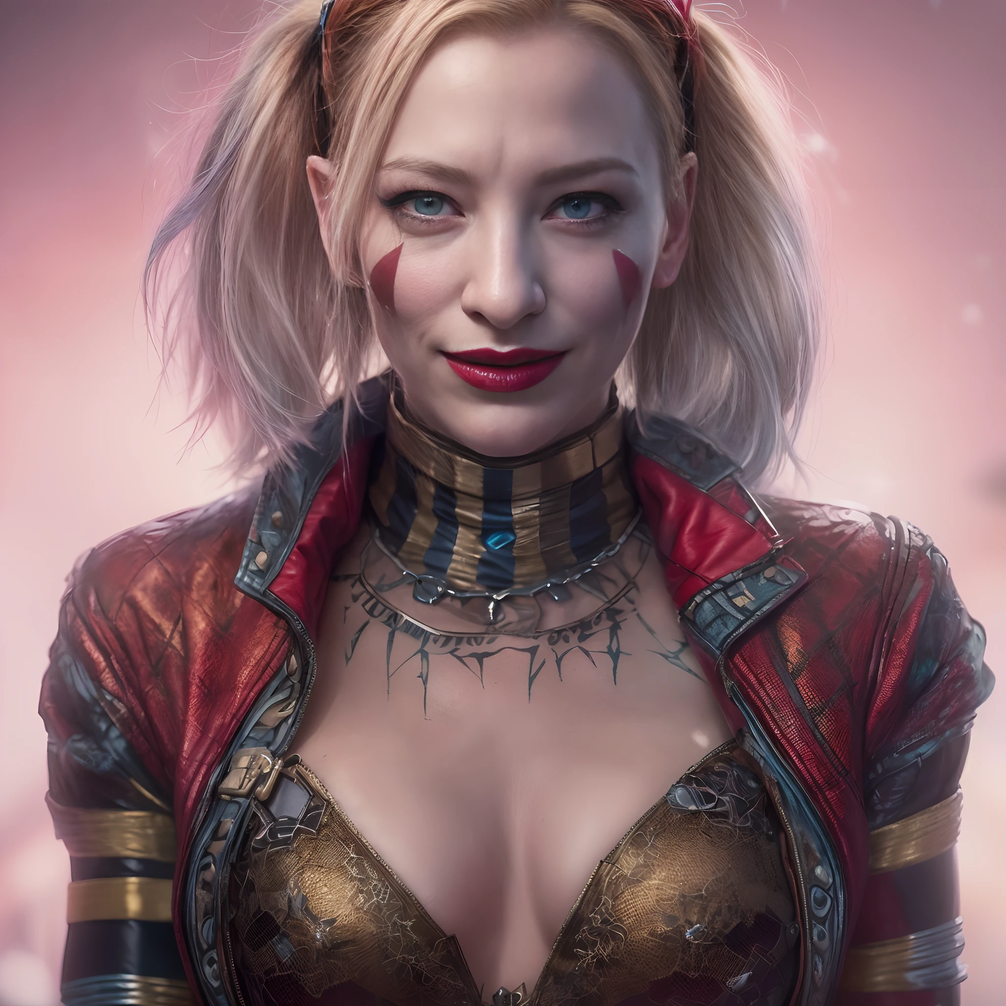 ((Cate Blanchett)) as Harley Quinn in Suicide Squad, full body, soft lighting, dynamic angle, realistic lighting, photo Robert Adams, (natural skin texture, hyperrealism, soft light, sharp: 1.2), (intricate details: 1.12), HDR Masterpiece, Best Quality, (Highly Detailed Photo: 1.1), 8k, Photorealistic, (SFW), Energetic, Christmas, Flawless Artwork, Close-up Portrait, Textured, Cinematic, Game Asset, Black Colors, Health Gothic, Golden hour lighting, high quality