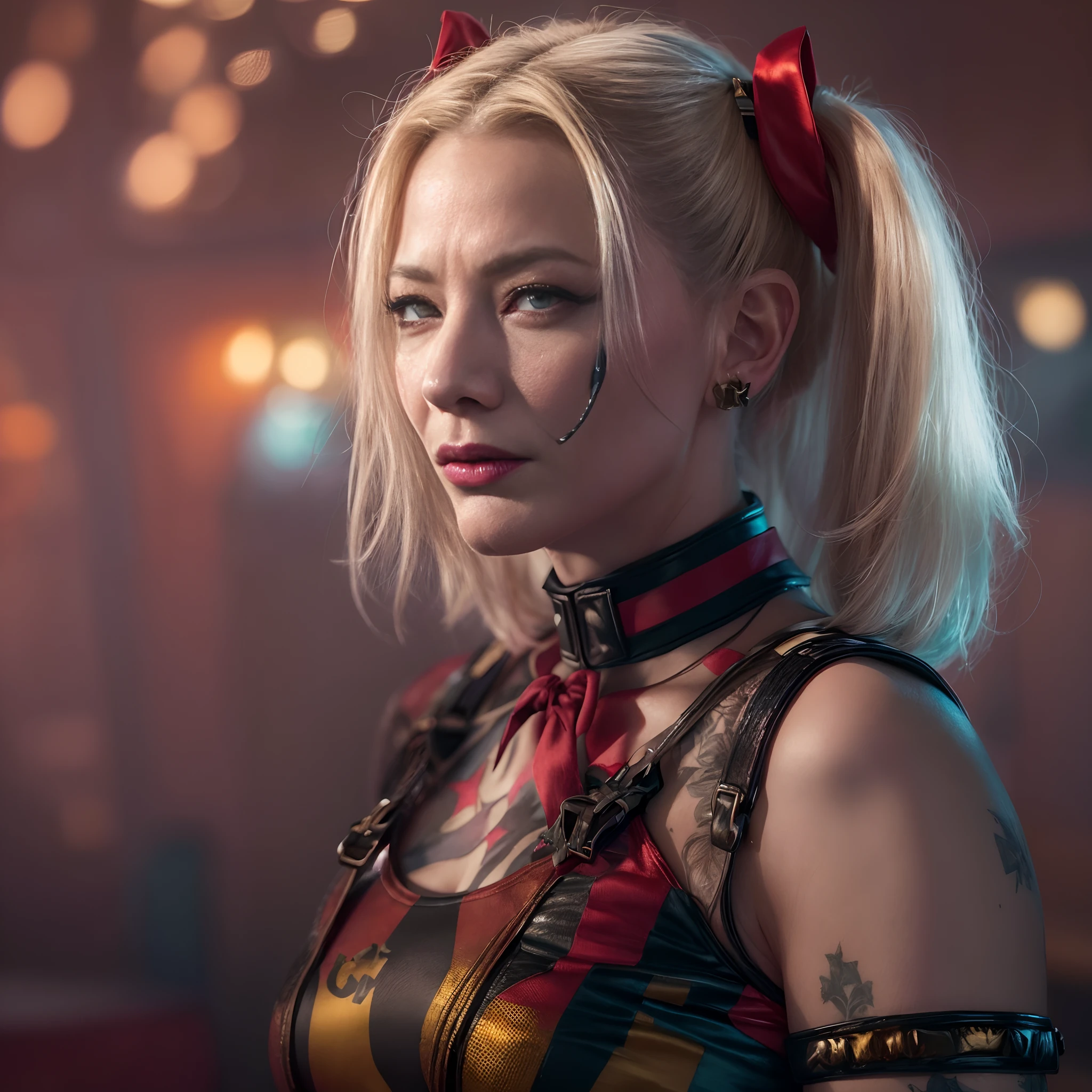 ((Cate Blanchett)) as Harley Quinn in Suicide Squad, full body, soft lighting, dynamic angle, realistic lighting, photo Robert Adams, (natural skin texture, hyperrealism, soft light, sharp: 1.2), (intricate details: 1.12), HDR Masterpiece, Best Quality, (Highly Detailed Photo: 1.1), 8k, Photorealistic, (SFW), Energetic, Christmas, Flawless Artwork, Close-up Portrait, Textured, Cinematic, Game Asset, Black Colors, Health Gothic, Golden hour lighting, high quality