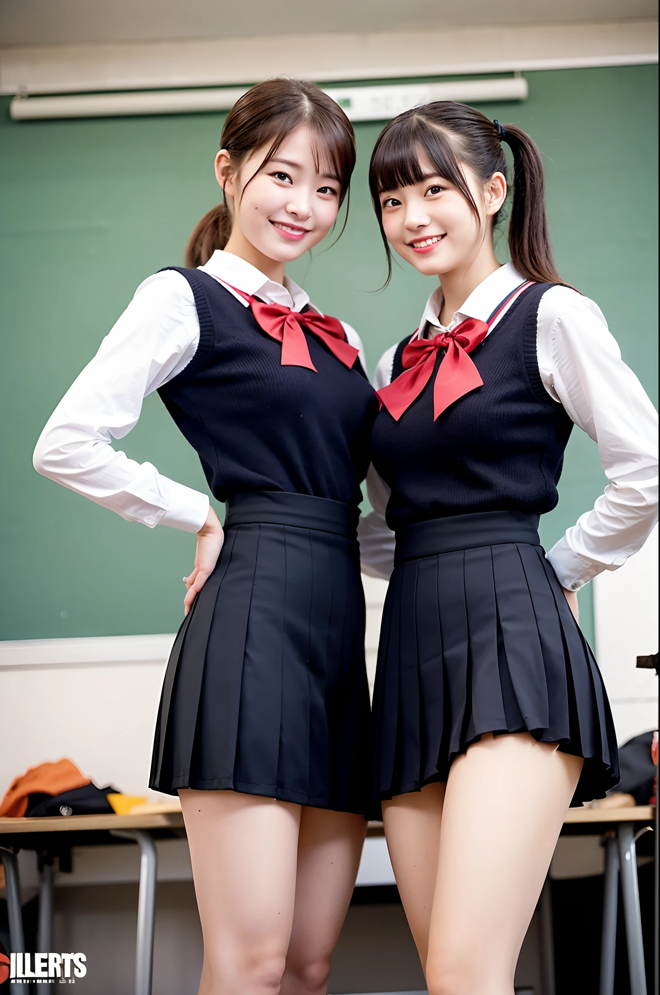 girls standing in school classroom,jumperdress style school uniform with flare skirt,red bow tie,18-year-old,bangs,a little smiles,thighs,knees,short cut hair,low ponytail,from below