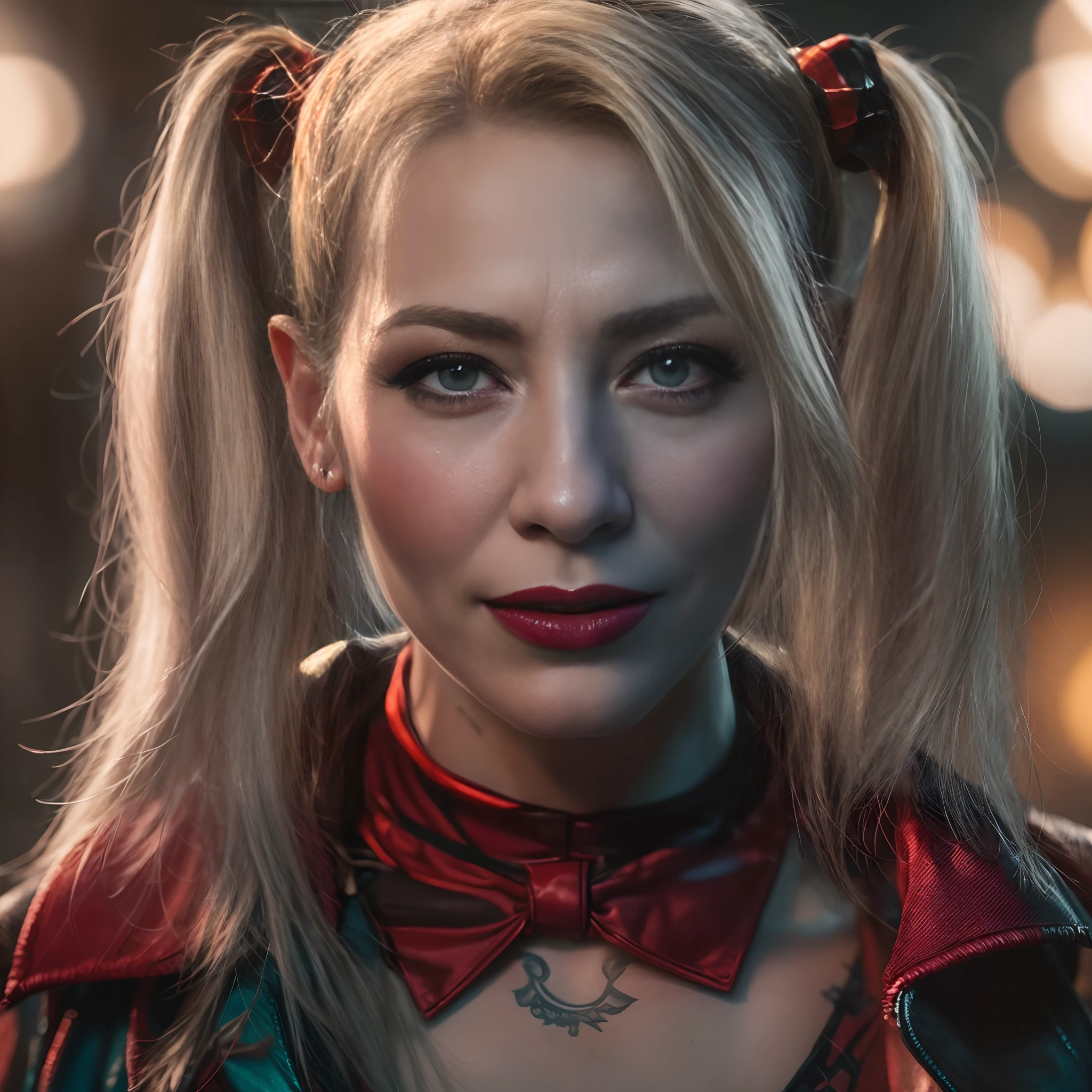 ((Cate Blanchett)) as Harley Quinn in Suicide Squad, full body, soft lighting, dynamic angle, realistic lighting, photo Robert Adams, (natural skin texture, hyperrealism, soft light, sharp: 1.2), (intricate details: 1.12), HDR Masterpiece, Best Quality, (Highly Detailed Photo: 1.1), 8k, Photorealistic, (SFW), Energetic, Christmas, Flawless Artwork, Close-up Portrait, Textured, Cinematic, Game Asset, Black Colors, Health Gothic, Golden hour lighting, high quality