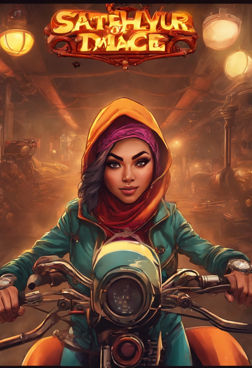 Produce a visually striking 8K AI-generated image of a Malay hijab girl drag racer in his 20s within a steampunk-inspired world. Use photorealism to bring out the racer's personality and determination, while also infusing the image with the intricate and imaginative details of a steampunk setting. Apply depth of field to create a captivating composition that immerses the viewer in the racer's world.