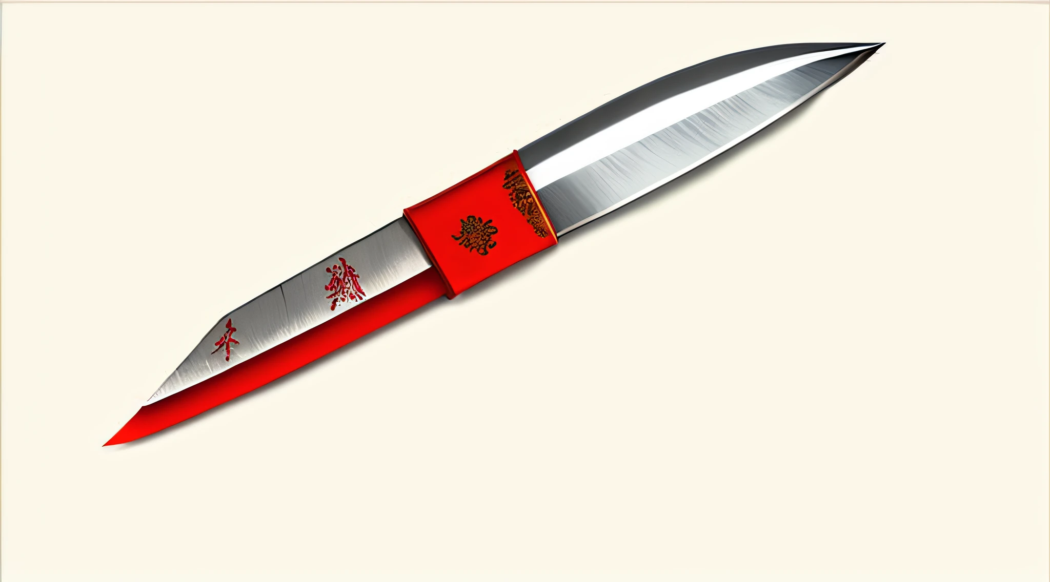 Japan Spear, The tip is a large blade that shines silver., The rod of the holding part is long and reddish color.