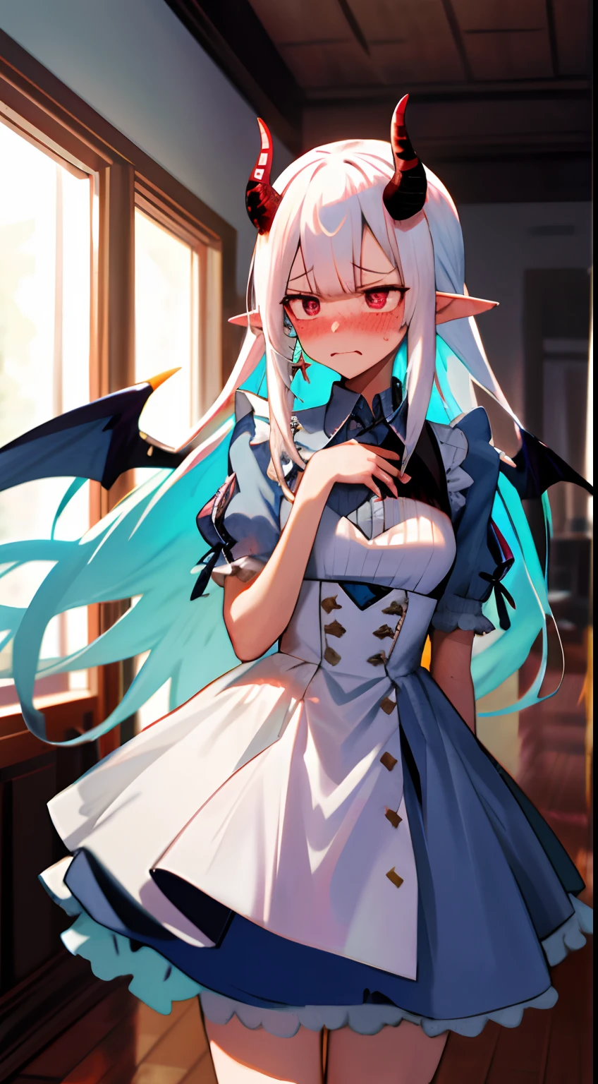 One girl with long hair, white hair, looking away, cowboy shot, embarrassed, blushing, mouth small open, indoor, thigh, pointy ears, maid dress, demon wings, demon king, demon horn, medium breast, covering chest