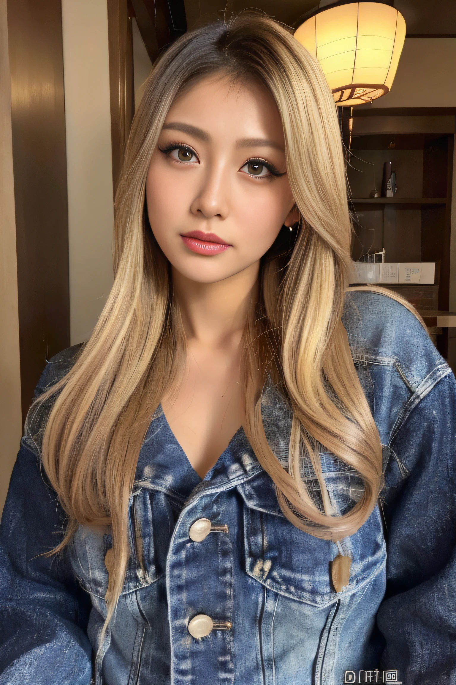 (masterpiece:1.2), ultra detailed, ultra high res, (realistic, photo realistic:1.37), high detail RAW color photo, professional photograph, an extremely delicate and beautiful, extremely detailed, finely detail, huge file size, extremely detailed beautiful girl, extremely detailed face, extremely detailed eyes, extremely detailed skin, extremely detailed nose, extremely detailed mouth, perfect anatomy, highly detailed background, shiny skin, (Japanese famous actress:1.5), (gyaru), flat chest, looking at viewer, full body, (dynamic pose:1.4), dynamic lighting, denim jacket, midriff peek, (brown race, dark skin, blond hair:1.3), (full body:1.4), (dotonbori;1.2),
