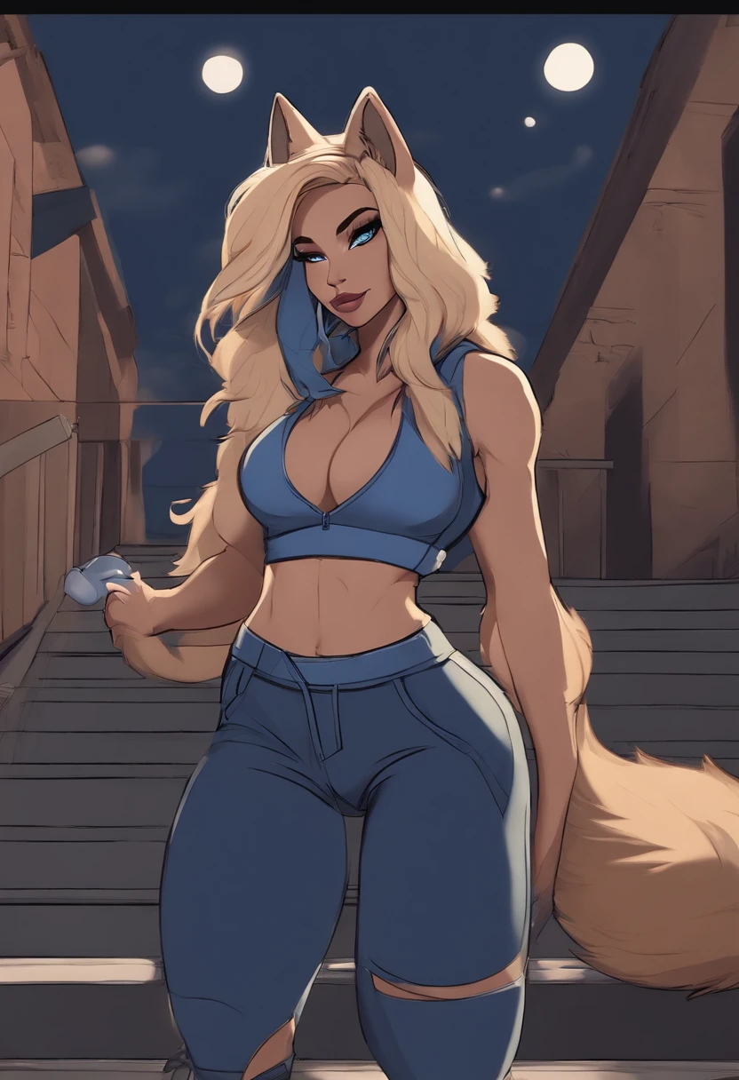 In a cute 2D cartoon art style, a busty furry female anthropomorphic fox with a dark blue sports bra, blue eyes, long hair the same color as her fur black ripped jeans, and dark blue sneakers