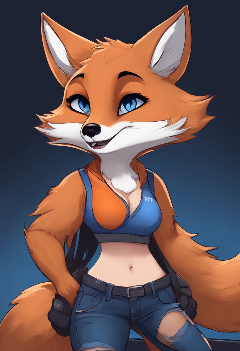 In a cute 2D cartoon art style, a busty furry female anthropomorphic fox with a dark blue sports bra, blue eyes, long hair the same color as her fur black ripped jeans, and dark blue sneakers