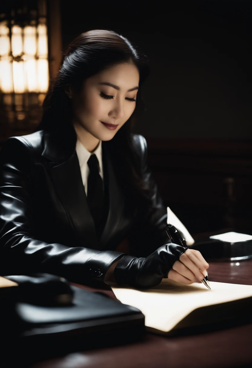 Wearing black leather gloves in both hands, upper body, black business suit, facing the desk in the modern study in the dark, looking down and smiling, writing a letter using a fountain pen, long, straight black hair, young Japanese woman (black leather gloves cover both hands)