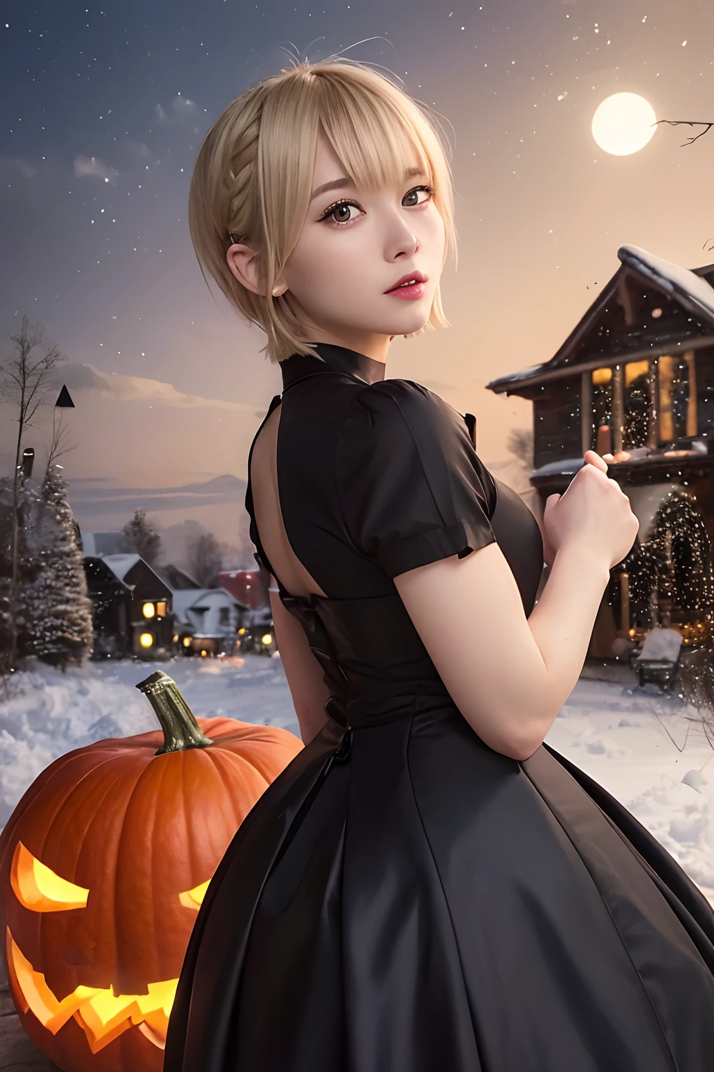 (Oil Painting, masutepiece, Best Quality, ultra-detailliert, Focus on character), short blonde hair, ([Back:0.8]|[ facing back:1.1]), Serious face,open open mouth,Wizard Cosplay、Halloween,pumpkins, ([Cold Scenario:1.2]|[ snowy background:1.3]| [High contrast:1.1])