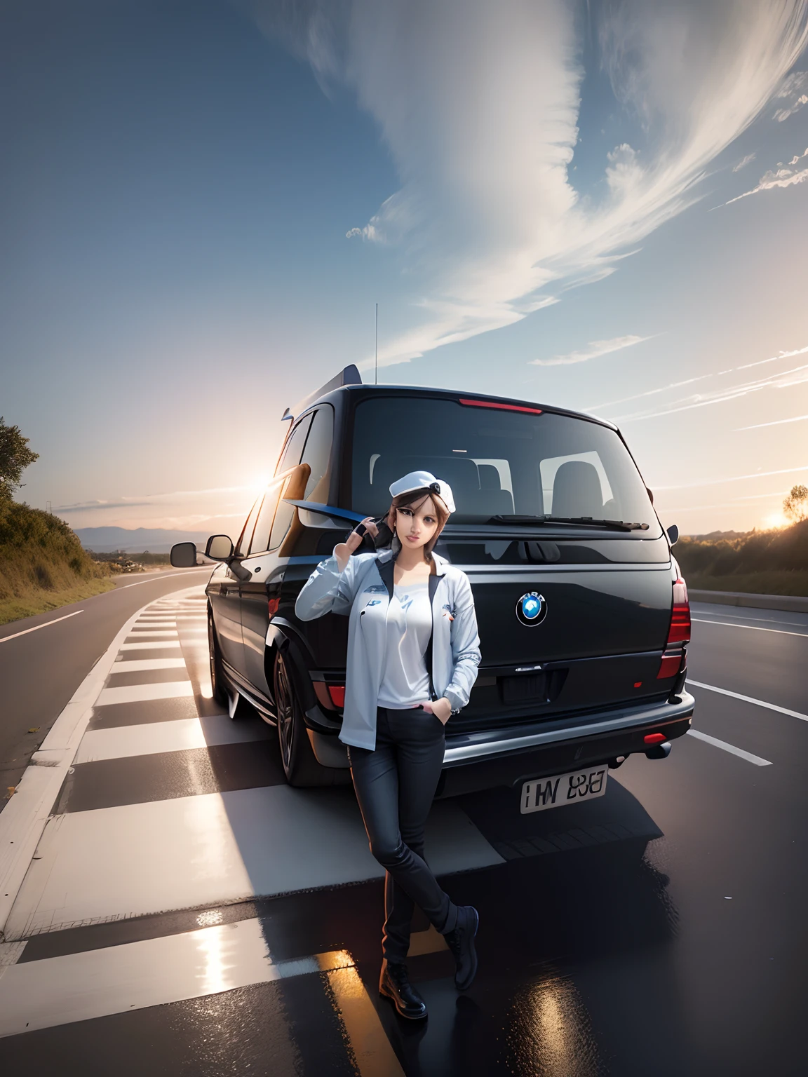 Change background a bmw care , realistic face,plan in sky
