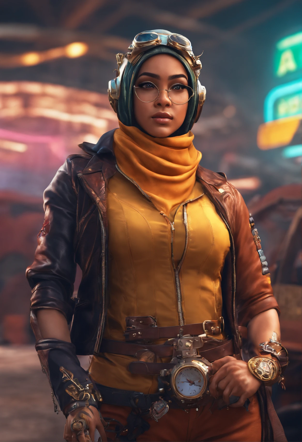 Produce a visually striking 8K AI-generated image of a Malay hijab girl drag racer in his 20s within a steampunk-inspired world. Use photorealism to bring out the racer's personality and determination, while also infusing the image with the intricate and imaginative details of a steampunk setting. Apply depth of field to create a captivating composition that immerses the viewer in the racer's world.