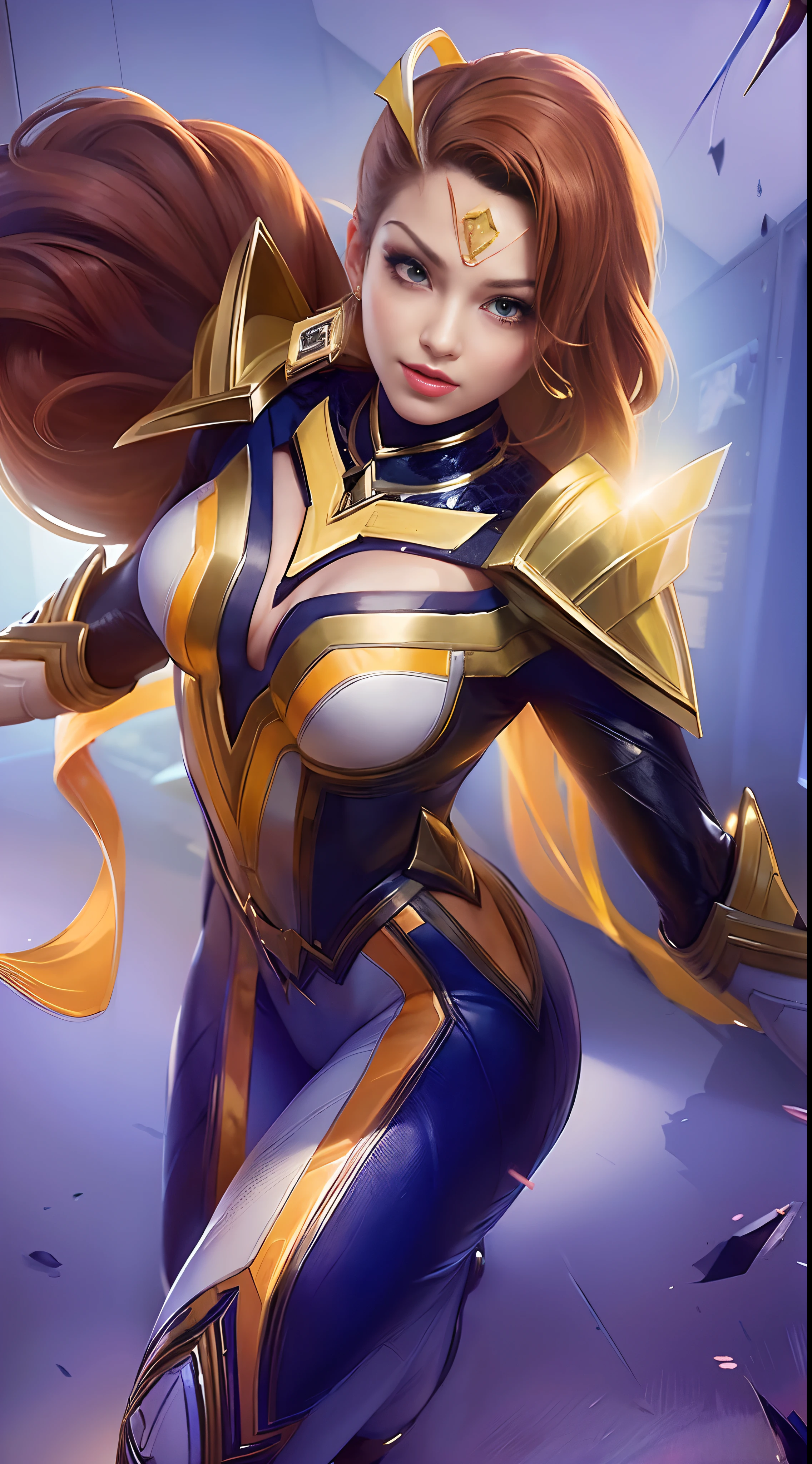 A woman in a blue and gold outfit holding a sword - SeaArt AI